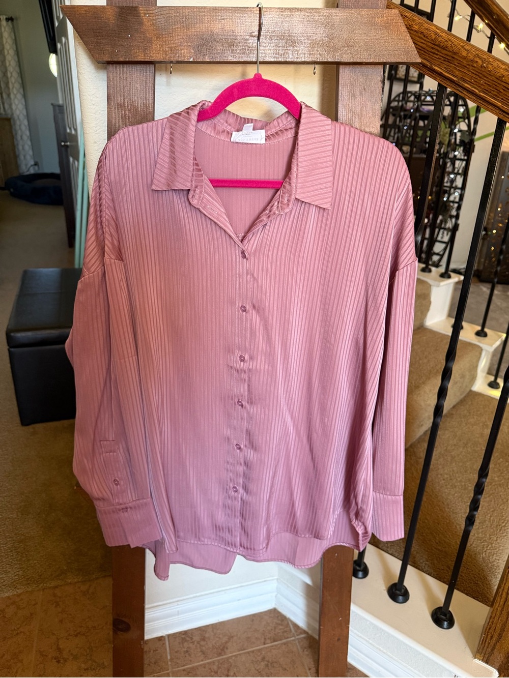 Relaxed Ribbed Button-Front Blouse - Dusty Rose